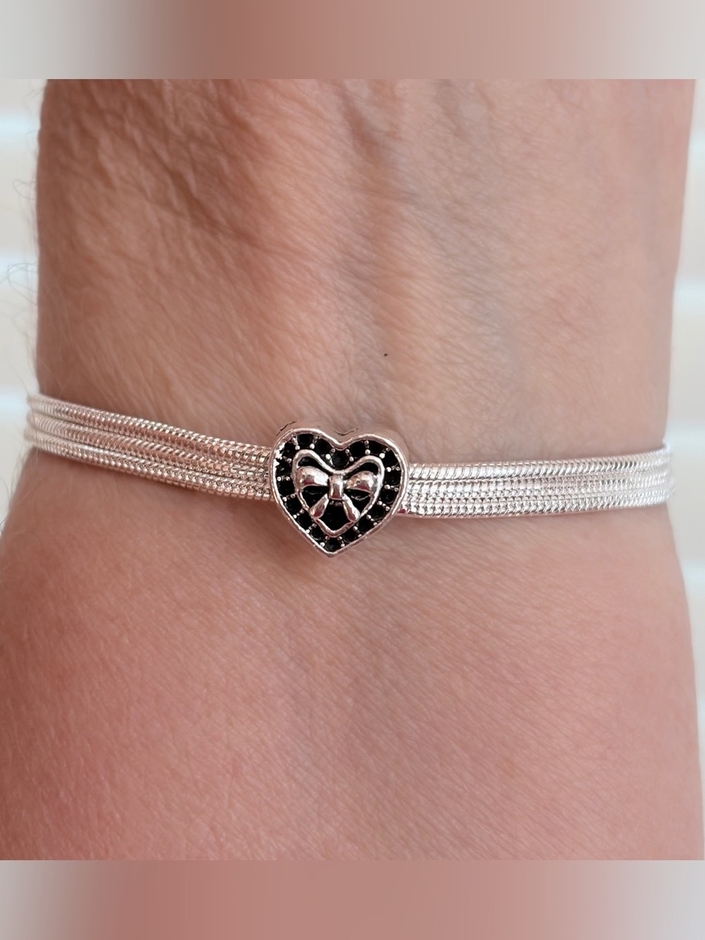 Love wrapBracelet.Triple strand 925 sterling silver snake chain,heart charm.7.5"